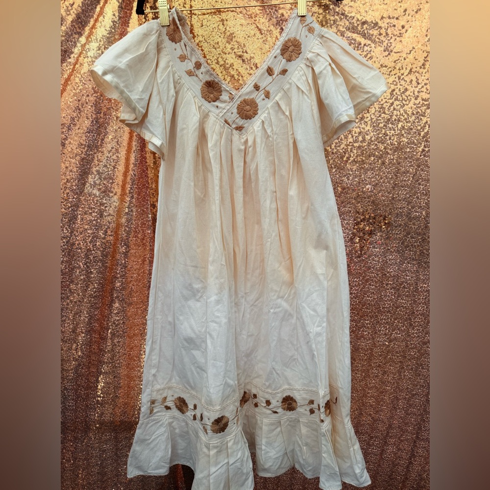 Cream Embroidered V-Neck Cotton Dress
